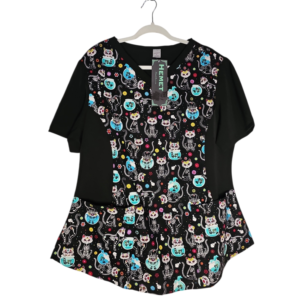 HEMET Black Cat Print Short Sleeve Women's Top - Picture 3 of 4